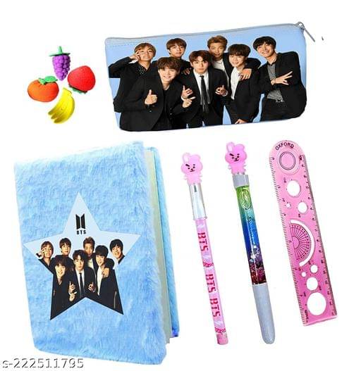     			ARN 6 Pcs BTS Team School Stationery Set for Kids 1pcs BTS Fur Diary Fur Notebook, 1 BTS Pencil Case Pencil Pouch , 1 Water Pen, 1 Pencil, 4 Eraser & 1 Scale Retur Gift Set for Kids (Blue, Pink)