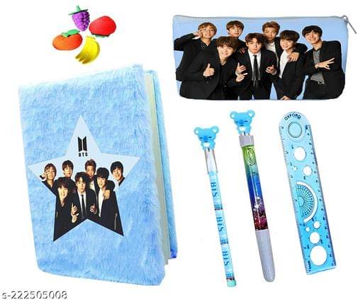     			ARN 6Ps BTS Army Team School Stationery Set BTS Army Team Fur Diary Furry Notebook for Girls 1 BT-21 Pen, Pencil, 4 Eraser, 1 BTS Pencil Pouch Pencil Case Travel Pouch for Girls Gift (Style 1)