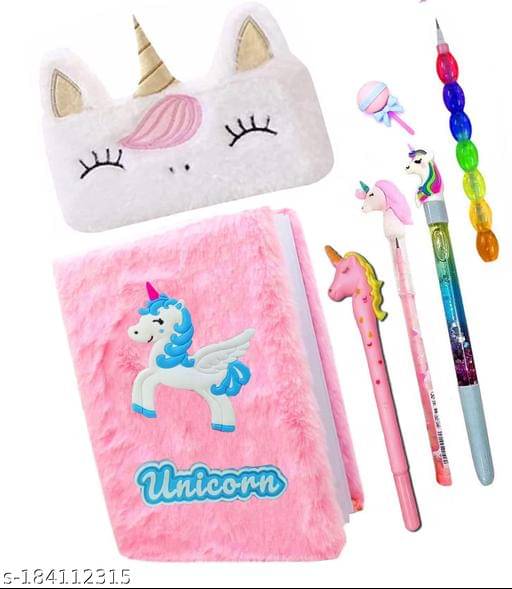     			ARN 7pcs unicorn combo unicorn mini fur diary for girls, unicorn A6 Size furry notebook for girl with fur pencil box/case, unicorn pen, unicorn bullet pencil , eraser best return gift set (Combo 1)