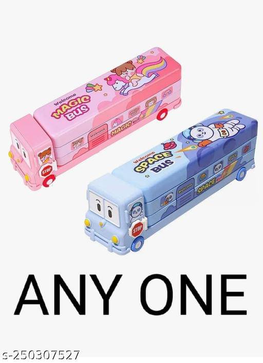     			ARN BUS SHAPE PENCIL BOX Multicolour Cartoon Printed School Bus Matal Pencil Box with Moving Tyres and Sharpner for Kids ( Pink or Blue ) ( ANY ONE ) ( NOTE PRICE IS ONLY FOR ONE PENCIL BOX )