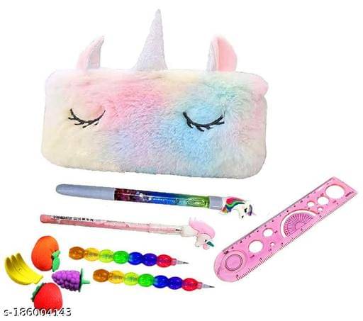     			ARN Combo of Unicorn Stationery Gift Set for Kids Unicorn Fur Pencil Pouch with Pen, Pencil, Eraser & for Students Multipurpose Used Pouch for kids, Stationery Collection Set School Supplies Item for Students (Pack of 6)
