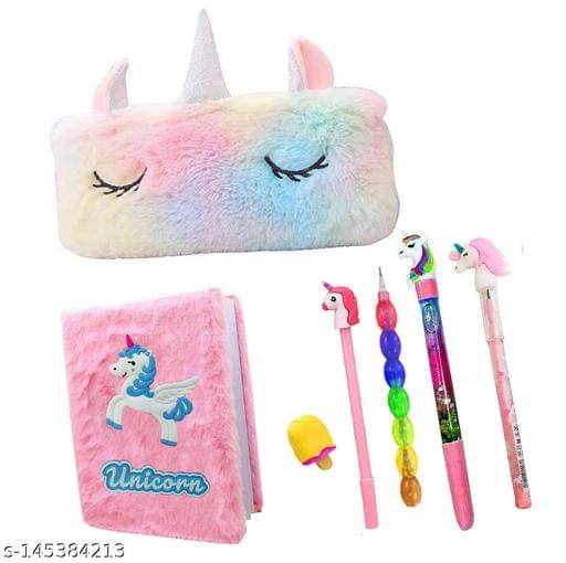     			ARN TOYS 7pcs unicorn combo unicorn mini fur diary for girls, unicorn A6 Size furry notebook for girl with fur pencil box/case, unicorn pen, unicorn bullet pencil , eraser best return gift set