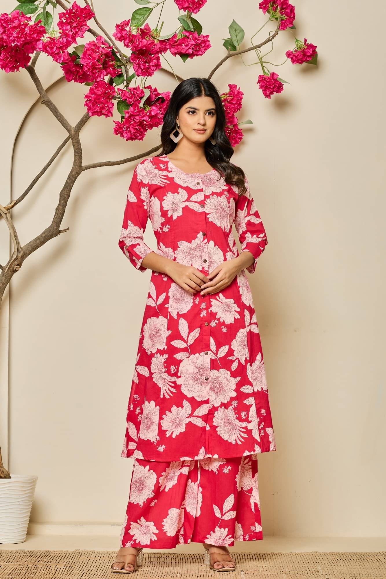 Adaa Women Cotton Printed Straight Kurti With Pants ( Red ) Adaa Women Cotton Printed Straight Kurti With Pants ( Red )