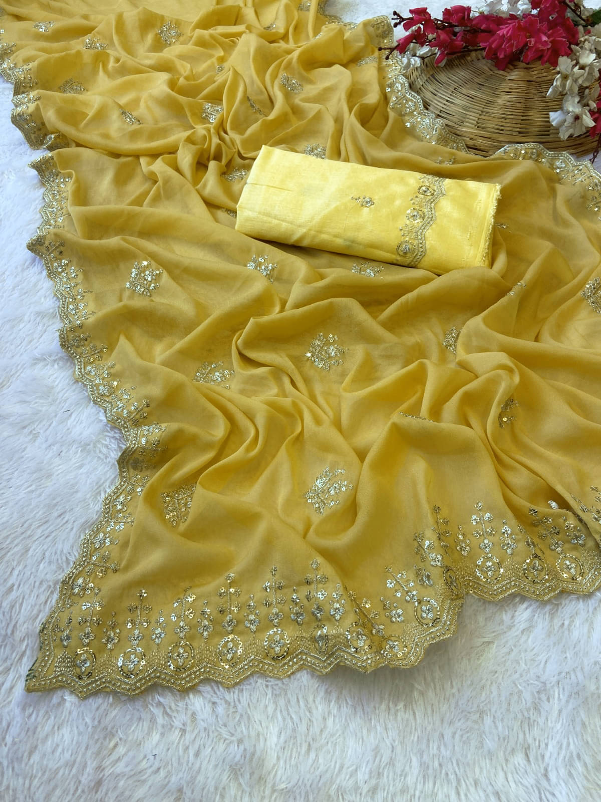 Avenue Creation Chiffon Embroidered Saree With Unstitched Blouse Piece ( Yellow )     			Avenue Creation Chiffon Embroidered Saree With Unstitched Blouse Piece ( Yellow )
