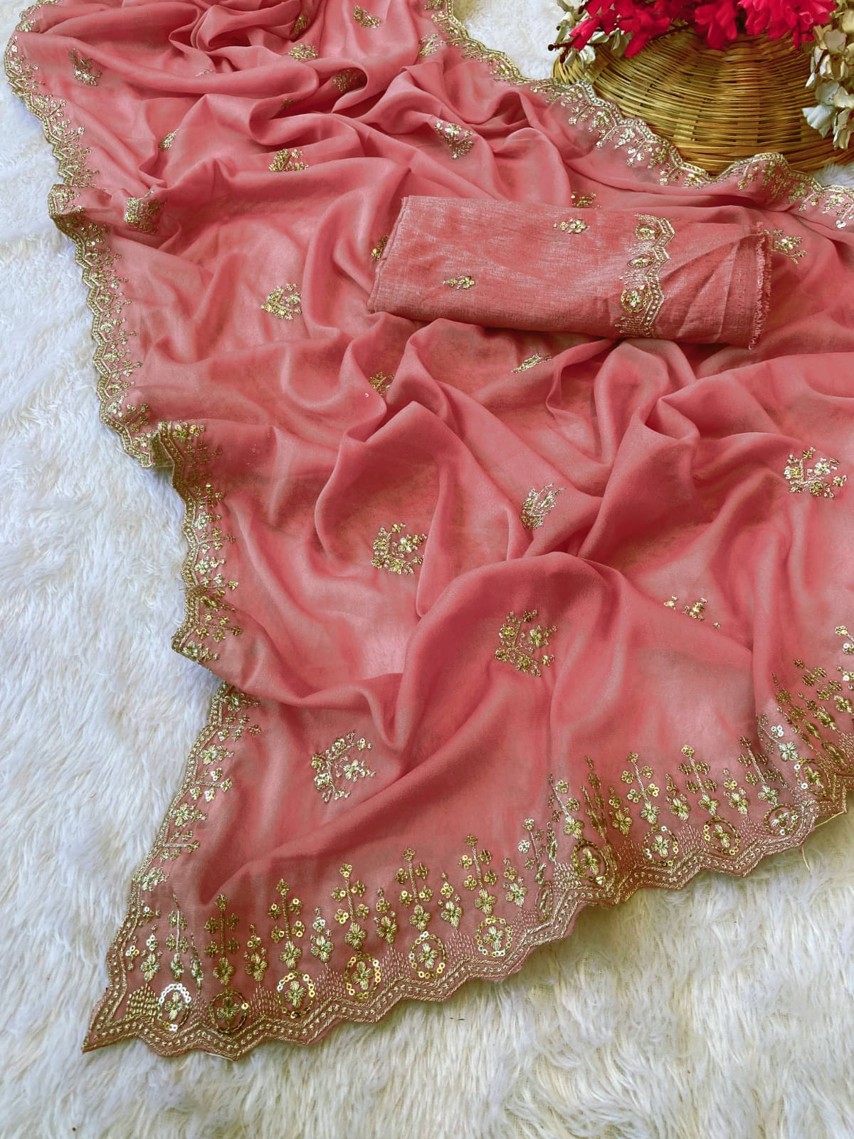     			Avenue Creation Chiffon Embroidered Saree With Unstitched Blouse Piece ( Peach )