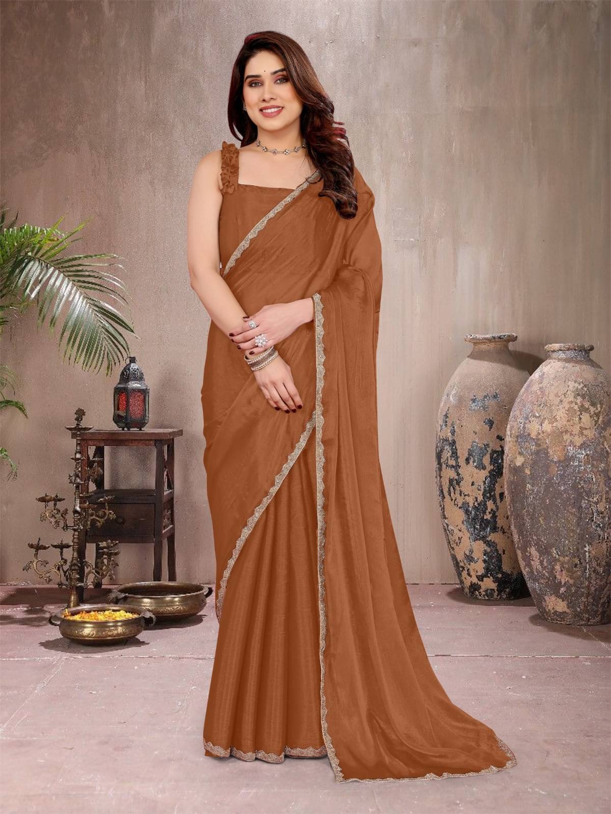 BLEESBURY Zimmy Choo Solid Saree With Unstitched Blouse Piece ( Brown ) BLEESBURY Zimmy Choo Solid Saree With Unstitched Blouse Piece ( Brown )