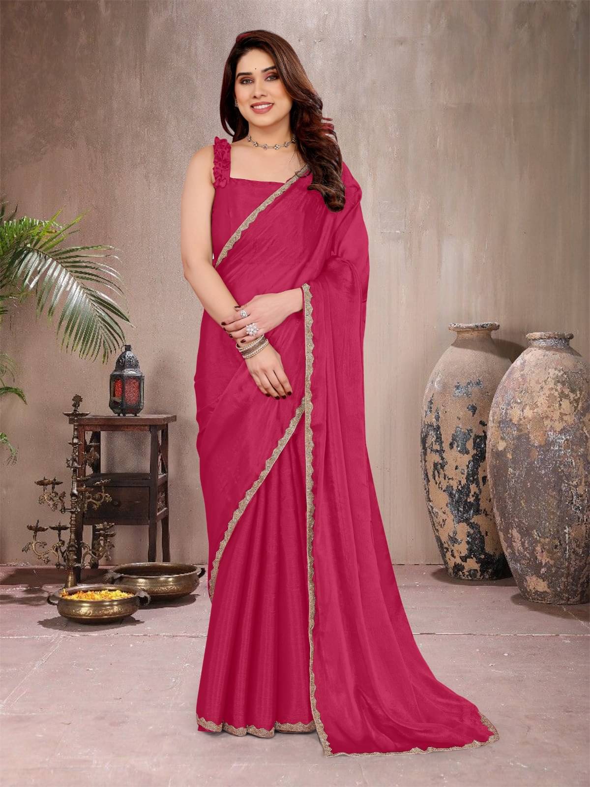 BLEESBURY Zimmy Choo Solid Saree With Unstitched Blouse Piece ( Pink ) BLEESBURY Zimmy Choo Solid Saree With Unstitched Blouse Piece ( Pink )