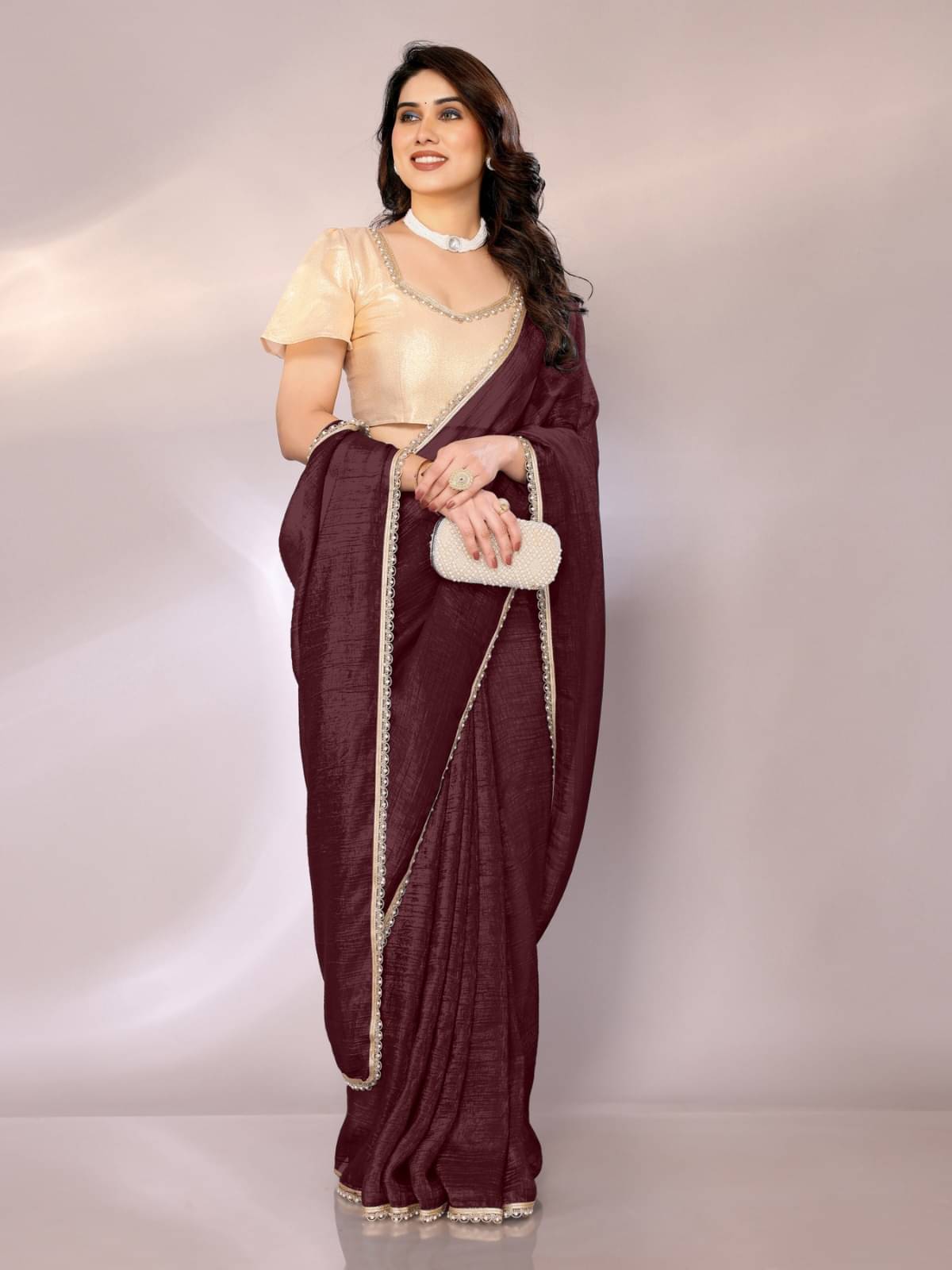 BLEESBURY Zimmy Choo Solid Saree With Unstitched Blouse Piece ( Burgundy ) BLEESBURY Zimmy Choo Solid Saree With Unstitched Blouse Piece ( Burgundy )