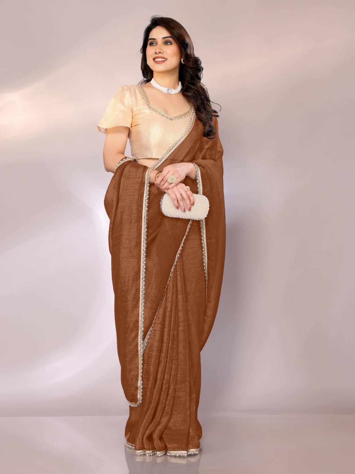 BLEESBURY Zimmy Choo Solid Saree With Unstitched Blouse Piece ( Brown ) BLEESBURY Zimmy Choo Solid Saree With Unstitched Blouse Piece ( Brown )