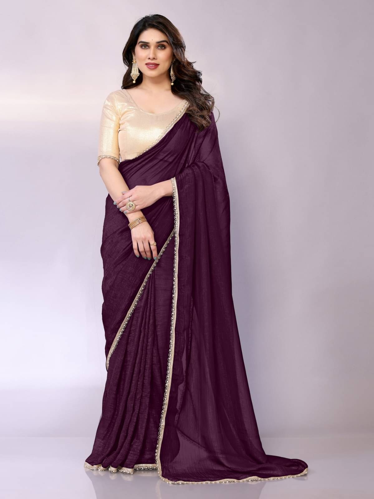 BLEESBURY Zimmy Choo Solid Saree With Unstitched Blouse Piece ( Wine ) BLEESBURY Zimmy Choo Solid Saree With Unstitched Blouse Piece ( Wine )