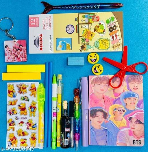     			BTS Stationery Gift Set For Kids Girls BTS Theme School Stationery Pouch Pencil Case For Girls BTS Diary Pencil Pen Eraser Party Favor Return Gift For Kids (Pack of 20)