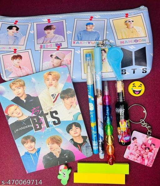     			BTS Theme Stationery Set BTS Blue Pencil Pouch With A6 Diary& BTS Pen Pencil BTS Return Gift Set For Girls,Bts Theme Party Favor Return Gift Bts Gift Set For Girls (Pack of 11)
