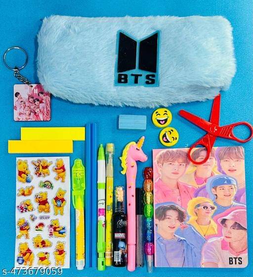     			BTS Themed Stationery Gift Set For Kids and Girls, BTS Pencil Case For kids with included Stationary BTS Diary Pencil, Pen, Eraser, etc best Party Favor Return Gift For Kids and BTS LOVER (Pack of 19 (Multicolor)