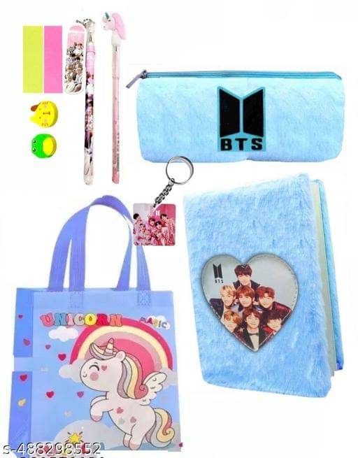     			BTS & UNICORN COMBO GIFT SET FOR KIDS , 1 BTS FUR POUCH, 1 A6 BTS DAIRY, 1 UNICORN CARRY BAG, 1 KEYCHAIN, 2 PCS Cartoon eraser, 2 Sticky notes, 1 Gel pen, 1 pencil  ( PACK OF 10 )