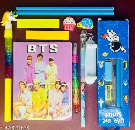     			BTS & UNICORN THEMED Stationery Combo for Kids for School Unicorn Water Glitter Pen Pencil BTS Dairy Fancy Eraser, Ruler for Kids Return Gift Party Favour Gift for Kids School Gift (Pack of 15)