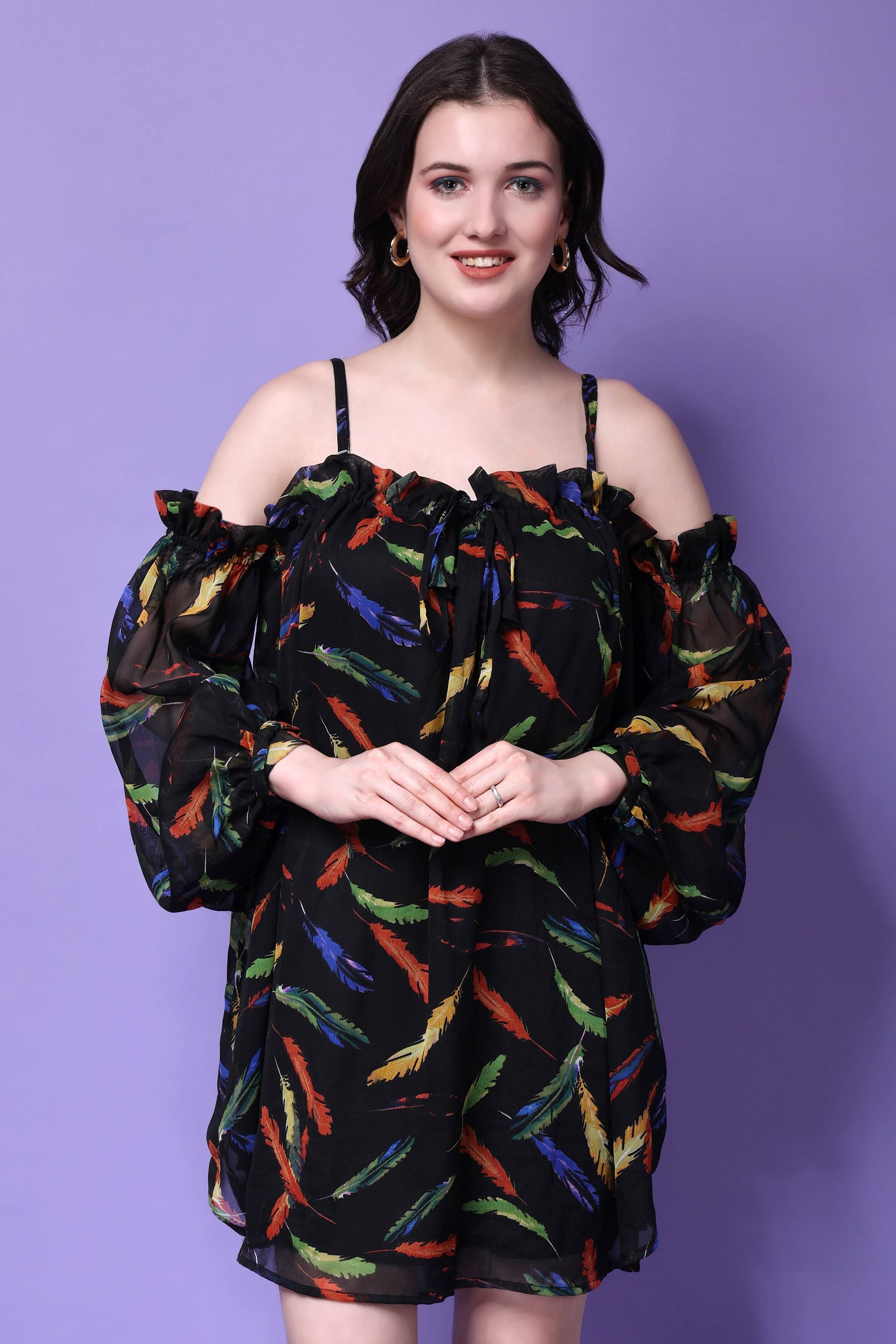     			Bitterlime Women Georgette Printed A-line Dress ( Black )