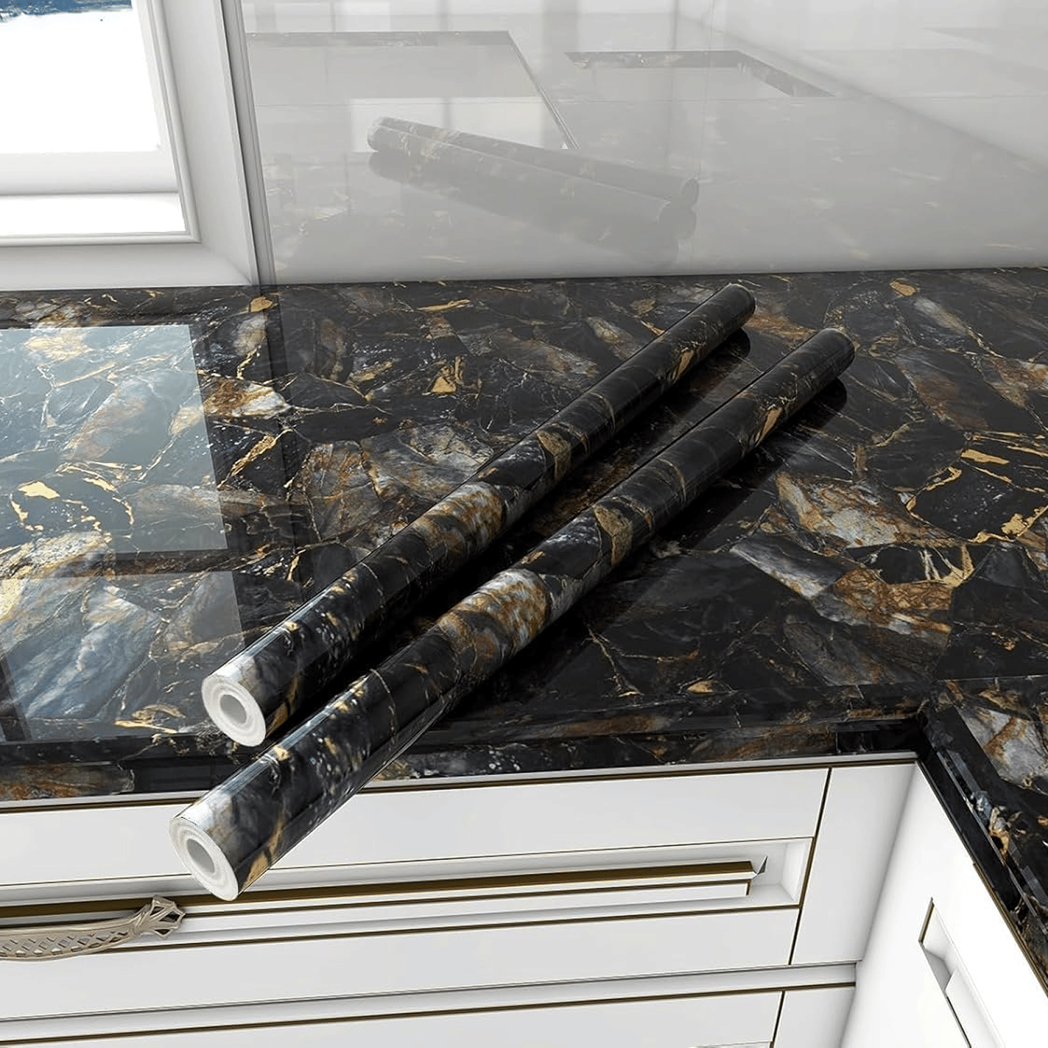     			Black and Big Golden Pattern Wall Stickers Marble Wallpaper PVC Oil-Proof Waterproof Self Adhesive Bathroom Wall Stickers