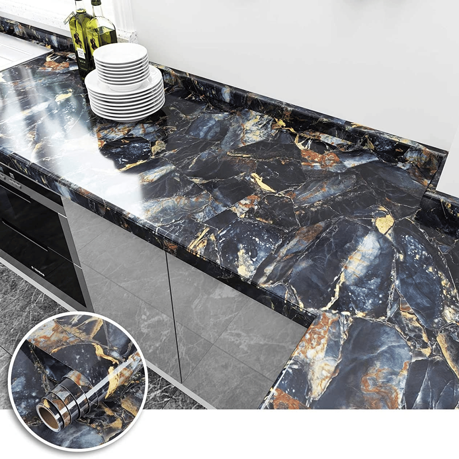     			Black and Big Golden Pattern Wall Stickers Marble Wallpaper PVC Oil-Proof Waterproof Self Adhesive Bathroom Wall Stickers