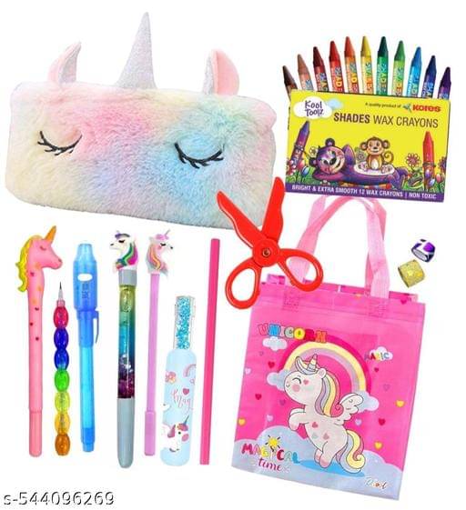     			CARTOON THEMED Stationery Gift Set Combo-Pens/Pencil/Pouch for Girls BTS Pouch and Unicorn All Stationery for School Stationery Set Return Party Favor Gift Set For kids Art Polyester Pencil Box (Pack of 13, Multicolor)