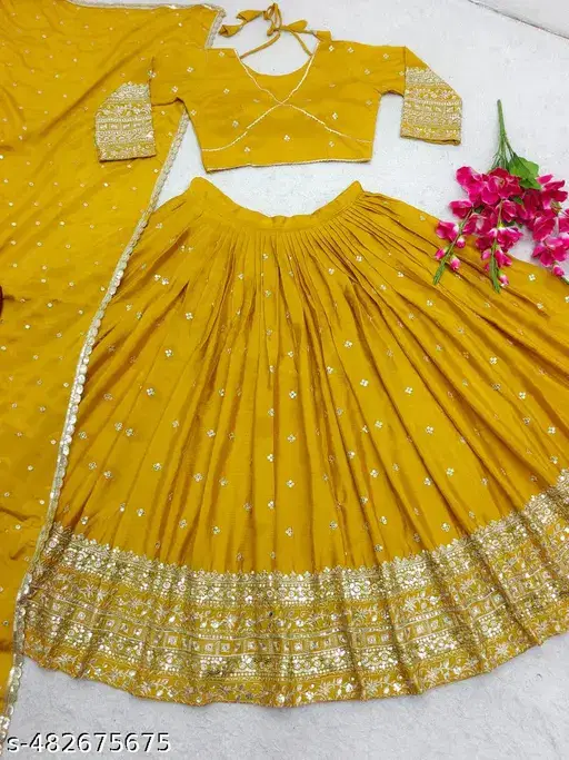     			CYNOR Yellow Chiffon Circular Semi Stitched Lehenga Single