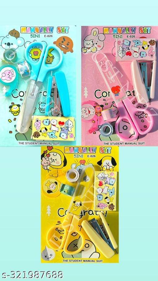     			Cartoon Stationery Set – Kawaii Stapler with Scissor, Washi Tape for Office, School, Home, Portable Mini Size Stapler with 400 Staples Blister, Stapler Machine (Set of 3)