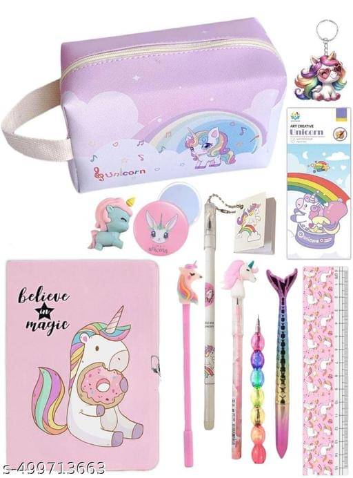     			Combo Gift Pack of 13 Items Diary with Big Size Utility Pouch Kuromi Unicorn Stationery Set for Girls, Return Gifts for Kids, Cute Fancy Stylish Stationery Items (unicorn-13 Items)