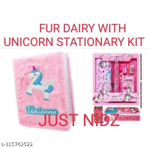     			Combo Of Fur Unicorn Dairy with 12 Color Pencil with Kids Cartoon Hello Kitty Printed Stationary Set for Girls Boys - with Pencil case,Two Pencils Eraser, Scale, Sharpener and Crayon.