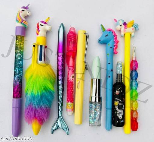     			Combo Unicorn stationary set for Kids ( Unicorn glitter pen with star pen, Moti pen, Fur pen, Mermaid pen, Cheating pen, Lipstick pen,Unicorn gel pen, highlighter, Sharnable pencil,  and scale ) PACK OF 10