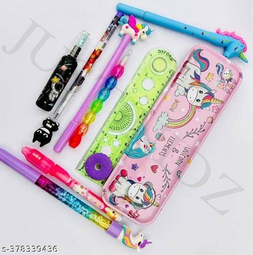     			Combo Unicorn stationary set for Kids ( Unicorn geometry with glitter pen, cheating pen, scale scale, doughnut eraser, Moti pencil, Unicorn gel pen, BTS pencil, highlighter and star pen) PACK OF 10