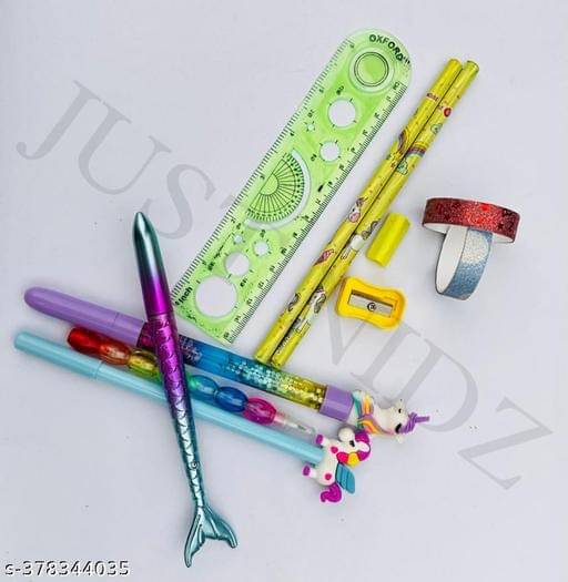     			Combo Unicorn stationary set for Kids ( Unicorn glitter pen with Mermaid pen , Moti pen, Unicorn gel pen, Scale, Pencil, Eraser, sharpener, 2 Designer Tape) PACK OF 11
