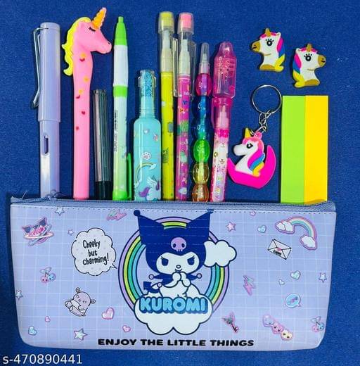     			Combo of Pop It Dairy with 4 Unicorn Pencil, 8 designer Eraser,  Pencil Set and Unicorn Water Bottle (Pack of 5)