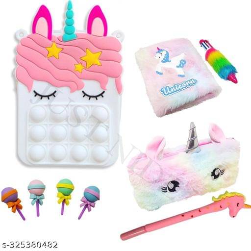     			Combo of Popit Sling Bag with Unicorn Fur Pouch , Unicorn Fur Dairy,  Unicorn pen, Unicrn Fur Pen and erasers (Pack of 6)