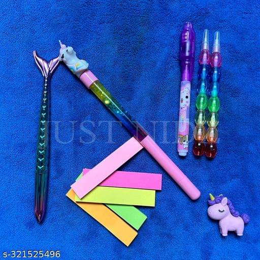     			Combo of Stationery Set with Mermaid Pen, Unicorn Glitter Pen, Stick Notes, Unicorn Eraser,  Pen and Invisible Ink Magic Pen with UV-Light