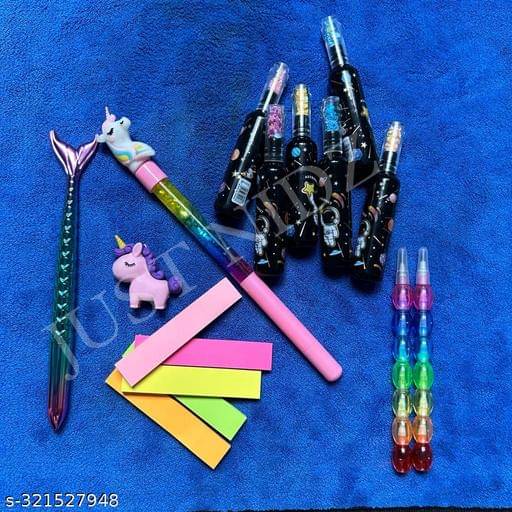     			Combo of Stationery Set with Mermaid Pen, Unicorn Glitter Pen, Stick Notes, Unicorn Eraser, Pearl  Pen and Space Highlighter