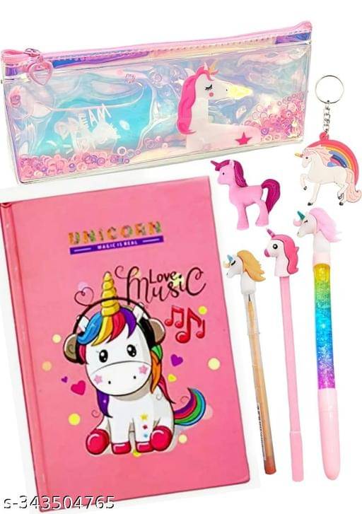     			Combo of Unicorn Glitter Pouch with Unicorn dairy, Unicorn eraseer, Keychain, unicorn Pencil, Gel pen and Glitter pen (Pack of 7)