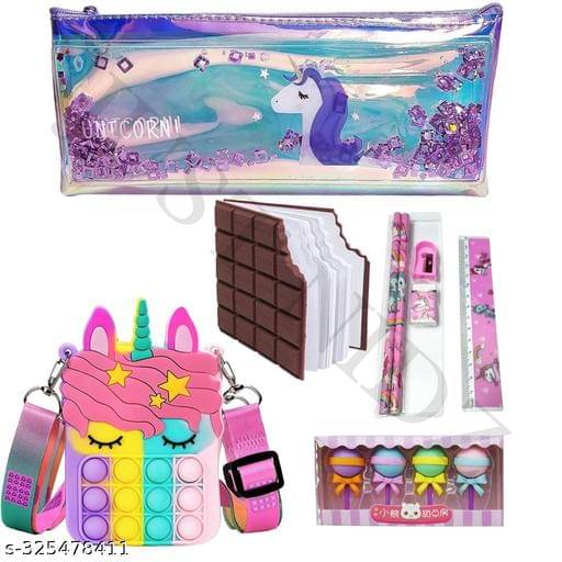     			Combo of Unicorn Glitter Pouch with Popit Sling Bag, Chocolate Dairy, Eraser, and Pencil Kit (Pack of 5)