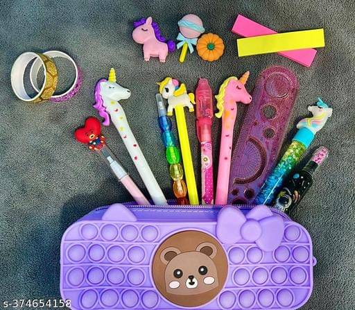     			Combo of Unicorn Theme 3D Embossed Pouch with Cartoon Stationery Set with Geometry, Pencils, Eraser, Scale, Sharpener, Crayons (Pack of 2)