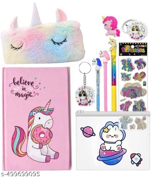     			Combo of Unicorn Theme 3D Embossed Pouch with Cartoon Stationery Set with Geometry, Pencils, Eraser, Scale, Sharpener, Crayons (Pack of 2)
