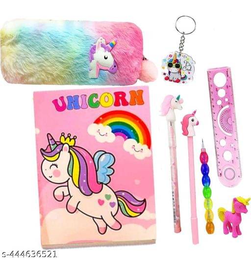    			Combo of Unicorn Theme 3D Embossed Pouch with Cartoon Stationery Set with Geometry, Pencils, Eraser, Scale, Sharpener, Crayons (Pack of 2)