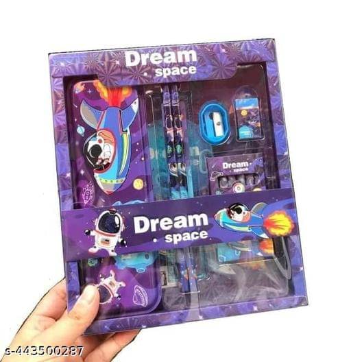     			Dream Space Rocket Metal Pencil Box Stationary Combo Geometry Pencil Box 1 Ruler Scale Pencil Sharpener Eraser 2 Pencils and 6 Crayon Colors Set Girls Boys School Stationary Pack