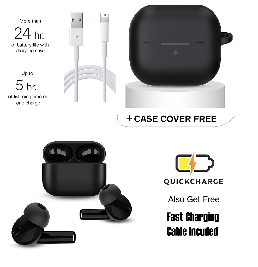     			EARBUDS Bluetooth Earbuds with Mic | 5H Playtime + 24H with Case | Quick Charge | Free Fast Charging Cable & Case Cover | Hi-Fi Stereo Sound (Black)
