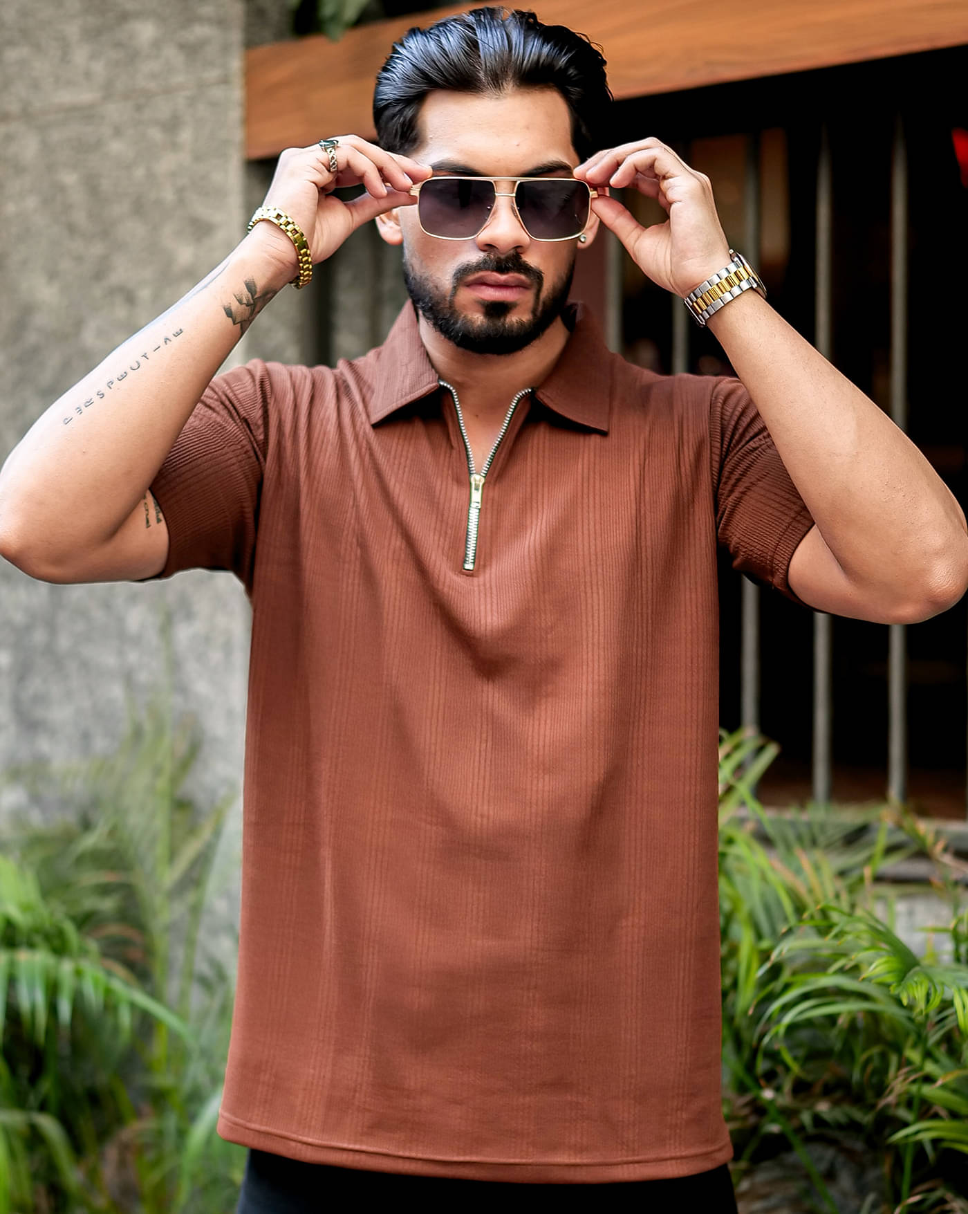 ENITOR Men Cotton Blend Regular Fit Self Design Polo T Shirt ( Brown )     			ENITOR Men Cotton Blend Regular Fit Self Design Polo T Shirt ( Brown )