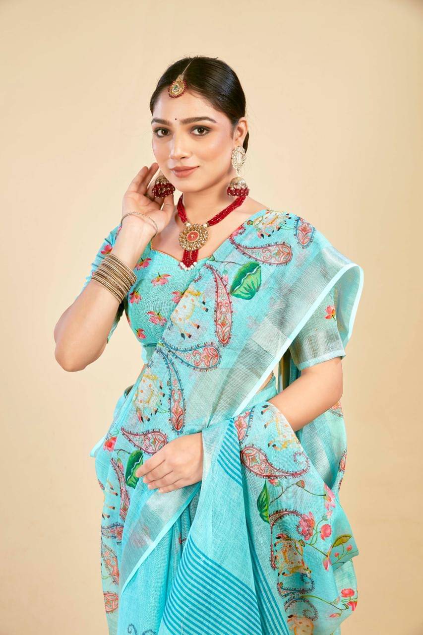     			Ethnic Trendz Cotton Printed Saree With Unstitched Blouse Piece ( Turquoise )