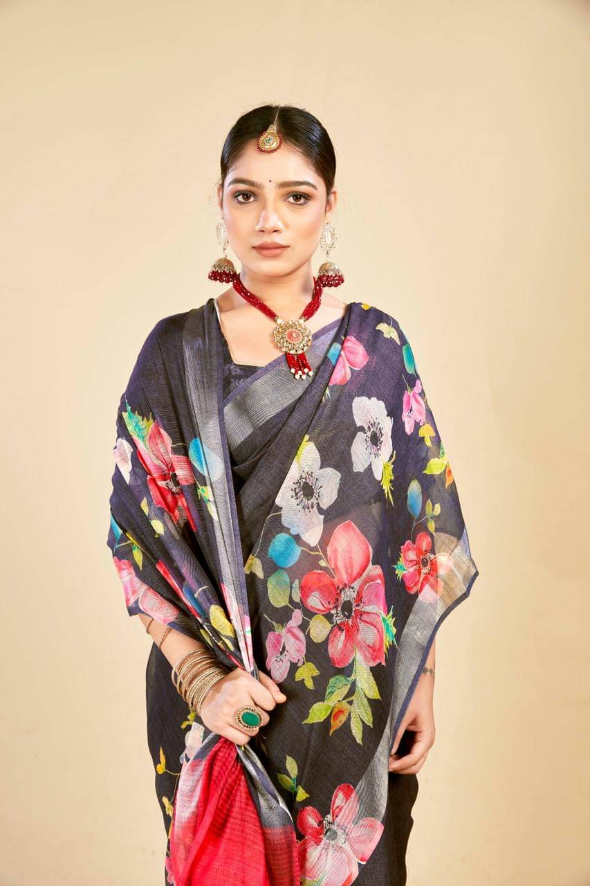 Ethnic Trendz Cotton Printed Saree With Unstitched Blouse Piece ( Charcoal )     			Ethnic Trendz Cotton Printed Saree With Unstitched Blouse Piece ( Charcoal )