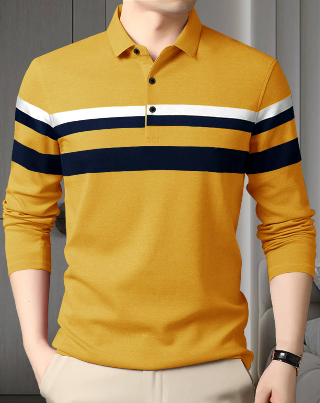 Eyebogler Men Cotton Blend Regular Fit Striped Polo T Shirt ( Yellow ) Eyebogler Men Cotton Blend Regular Fit Striped Polo T Shirt ( Yellow )
