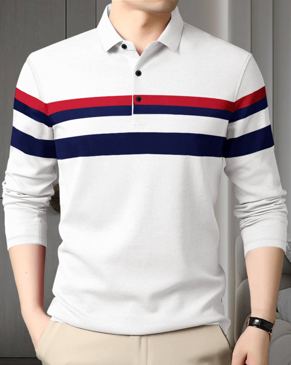     			Eyebogler Men Cotton Blend Regular Fit Striped Polo T Shirt ( White )