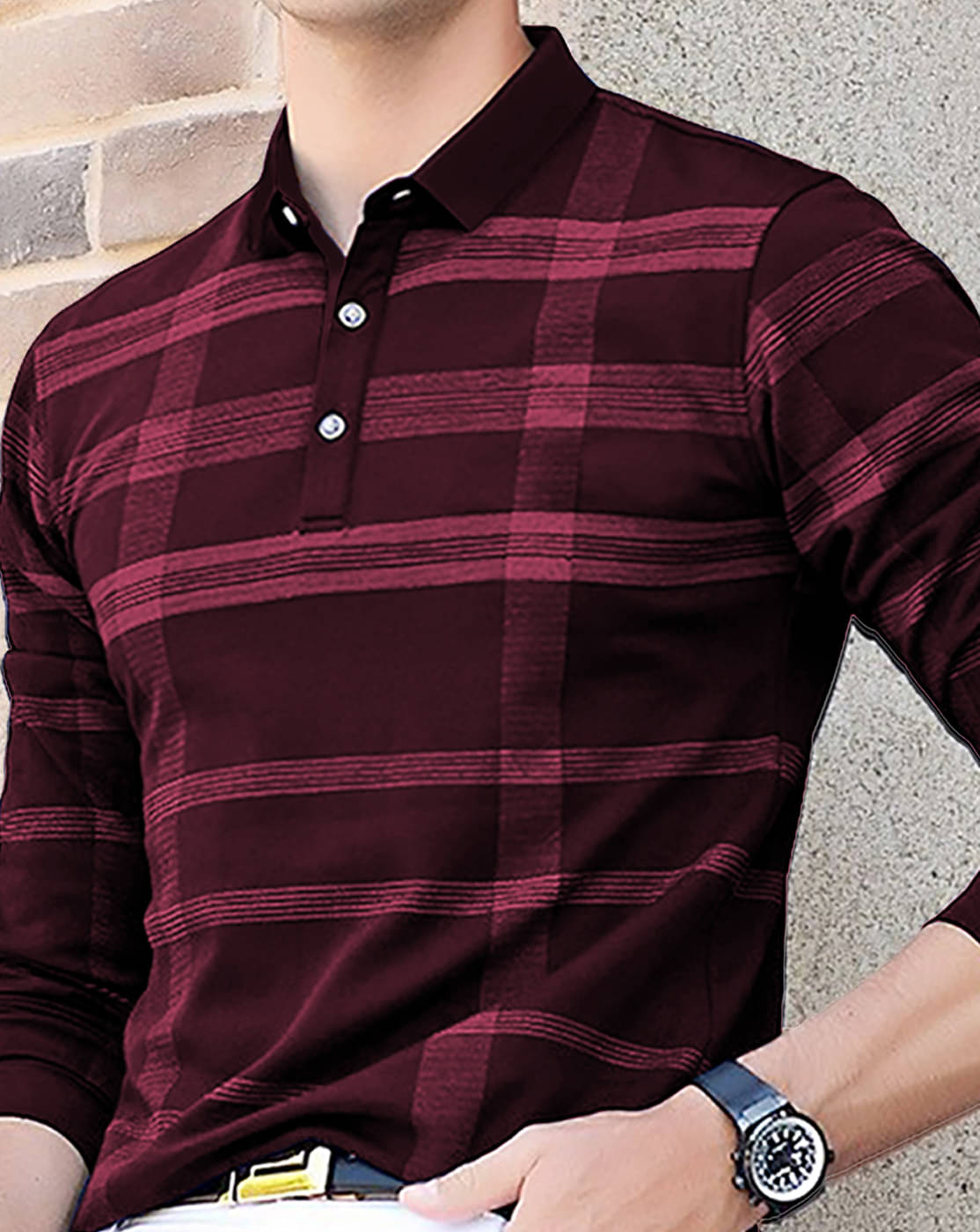     			Eyebogler Men Cotton Blend Regular Fit Striped Polo T Shirt ( Wine )