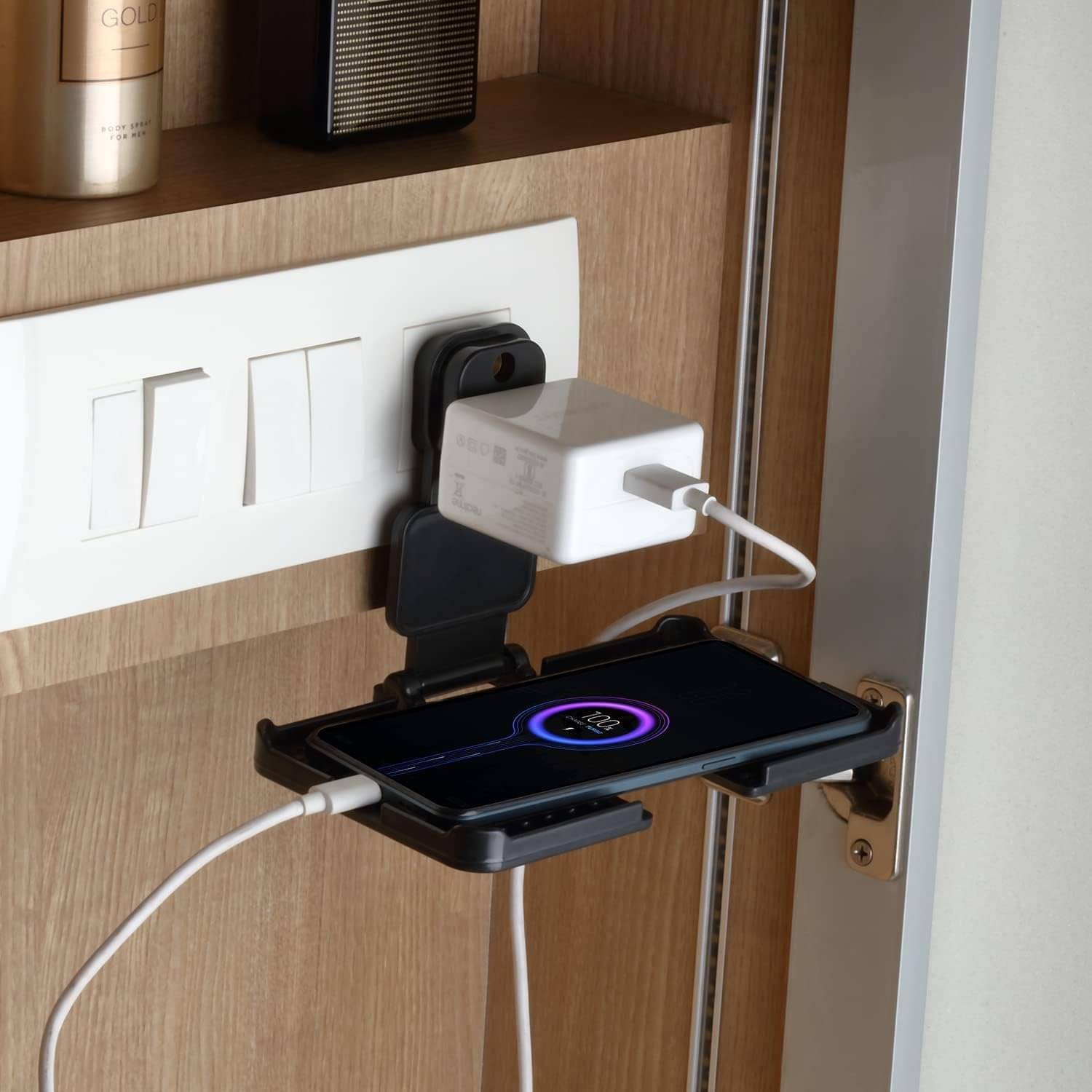     			Foldable Wall Mount Holder Stand, Mobile Holder Charging Stand with 3 pin Plug,