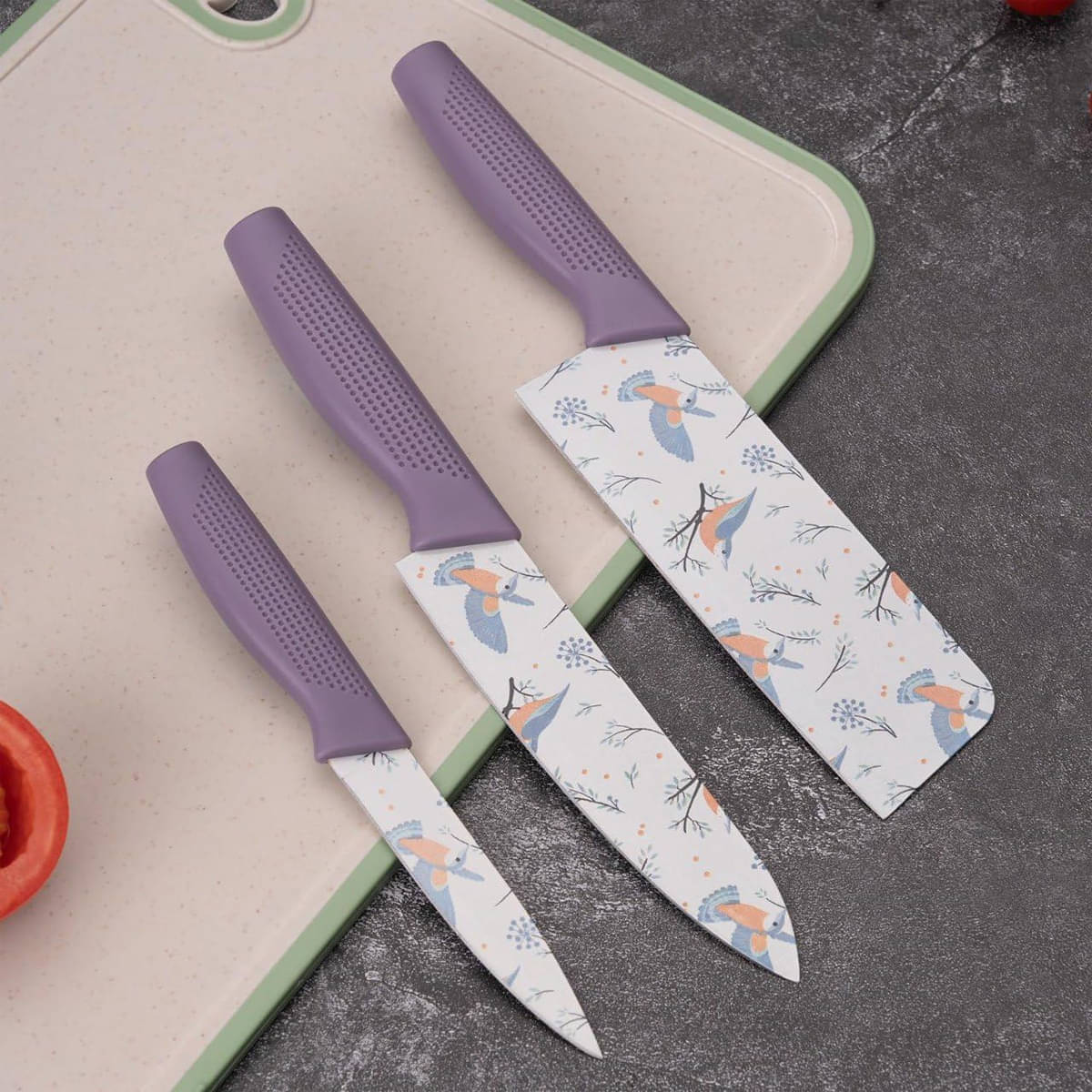 GEEO 3Pcs Printed Knife Set for Kitchen, Stainless Steel Blade Knife for Kitchen Use, Non-Slip Ergonomic Comfort Grip Handle Sharpener Tool, Scratch Resistant and Rust Proof Chopping (Purple) GEEO 3Pcs Printed Knife Set for Kitchen, Stainless Steel Blade Knife for Kitchen Use, Non-Slip Ergonomic Comfort Grip Handle Sharpener Tool, Scratch Resistant and Rust Proof Chopping (Purple)