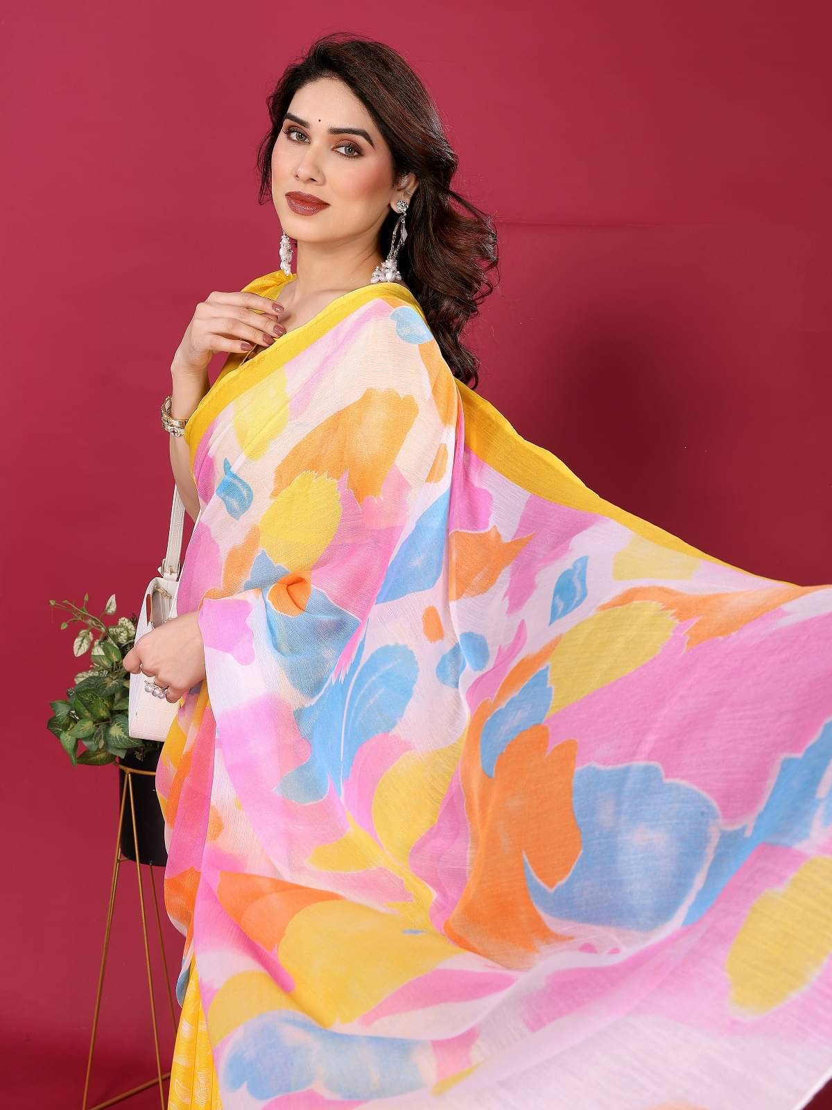     			Gazal Fashions Chiffon Printed Saree With Unstitched Blouse Piece ( Yellow )